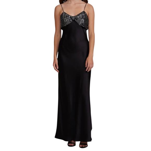 Lucy Paris Marnie Sequin Bow Detail Maxi Dress Gown Black Silver V Neck Small - Picture 1 of 10